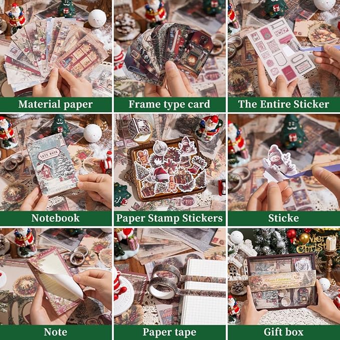 icceemee Scrapbooking Supplies Kit, Christmas Theme Scrapbooking Kit for Bullet Junk Journaling, Stationery, A6 Grid Notebook, Flower DIY Journaling Supplies, Birthday Craft Gift for Teen Girls