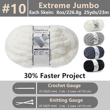 Chunky Yarn for Hand Knitting - #10 Chunky Chenille Yarn, Jumbo Big Thick Chunky Yarns for Crocheting, Super Bulky Chunky Knit Blanket Yarns, 8 Skein (25yd, 8oz/Skein), Cream & Multi Grey