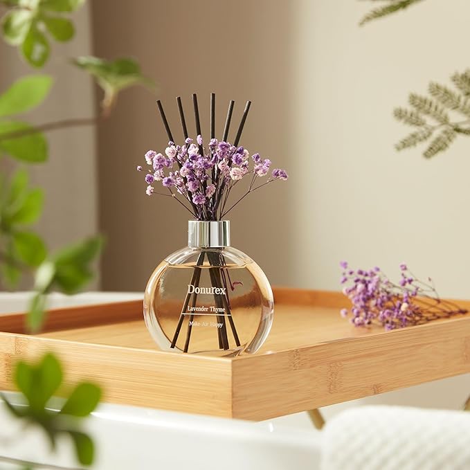 Donurex Flower Reed Diffuser Set 5.07oz Lavender Thyme Scent Diffuser with Sticks Home Fragrance Reed Diffuser for Bathroom Shelf Decor