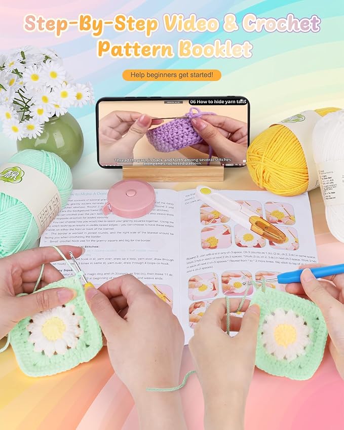 Coopay Crochet Blanket Kit for Beginners, All-in-One Granny Square Blanket Kit with Step-by-Step Video & Enough Yarns - Master Granny Square Crocheting Easily, Ideal Gift for Craft Lovers (Aqua Green)