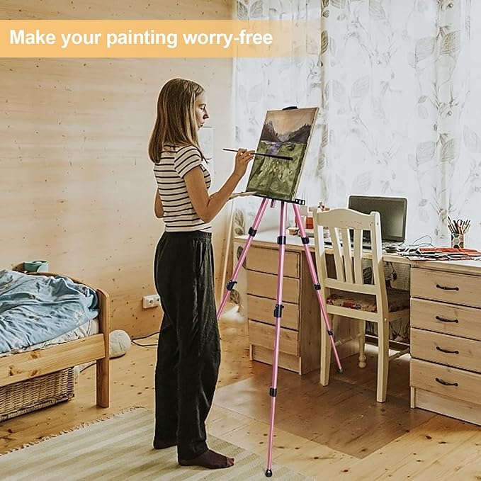 RRFTOK Artist Art Painting Easel Stand, Aluminum Metal Adjustable Easel for Painting Canvases Height from 17 to 66 Inch,Carry Bag for Table-Top/Floor Drawing,Painting and Displaying(2pack,Pink)