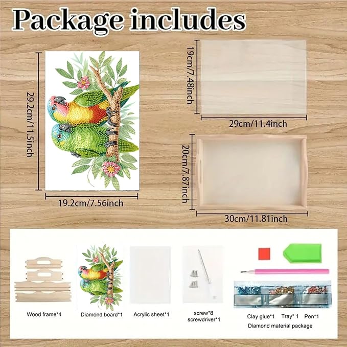 DoxQcs DIY Diamond Art Wooden Tray Kit Easter Food Tray with Handle Diamond Painted Table Decoration Tray for Breakfast Bar Dinner Table Diamond Art Painting for Beginners-Parrot