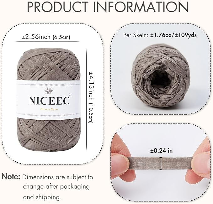 NICEEC 2 Skeins Soft Tape Yarn, Easy Crohcet Raffia, Crochet & Knitting, Paper Ribbon Yarn for DIY Craft Gift Wrapping Total Length 1.76oz×2/109yds×2 - Grayish Brown