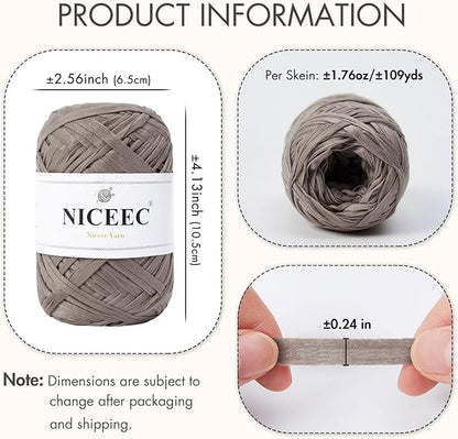 NICEEC 6 Skeins Soft Tape Yarn, Easy Crohcet Raffia, Crochet & Knitting, Paper Ribbon Yarn for DIY Craft Gift Wrapping Total Length 1.76oz×6/109yds×6 - Grayish Brown