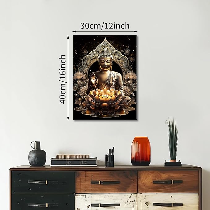 WENGTIAO Black Gold Buddha Framed Canvas Wall Art Zen Lotus Spiritual Relax Wall Pictures for Bathroom Living Room Bedroom Buddhist Meditation Canvas Paintings Prints Wall Decor Artwork 12x16 inch