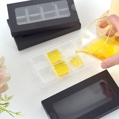 SMAODSGN 50 Pcs Gift Boxes for Wax Melts Plastic Mold With Box Wax Melt Boxes Crystal Clear Wax Melt Molds Wax Melts Containers For Wax Cubes Wax Tarts Wax Block (12 cavity, black)