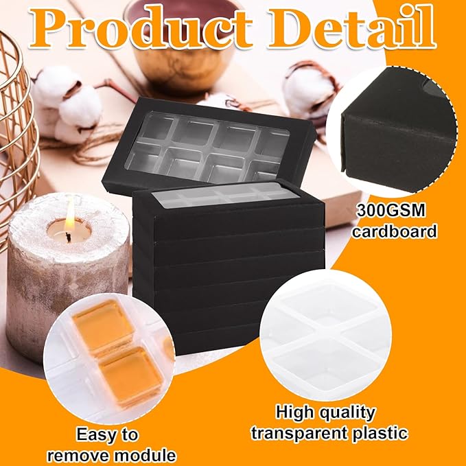 60 Pcs Wax Melt Containers, 8-Cavity Plastic Wax Melt Molds with Kraft Paper Wax Melt Boxes, Black Gift Boxes for Wax Melts, Wax Candle Soap Making