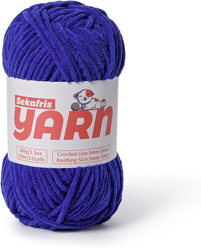 Plush Chunky Chenille Yarn for Crocheting Amigurumi, Soft Fluffy Velvet Yarn for Crocheting, Fuzzy Baby Blanket Knitting 100g/131yds Bulky（Sapphire Blue）