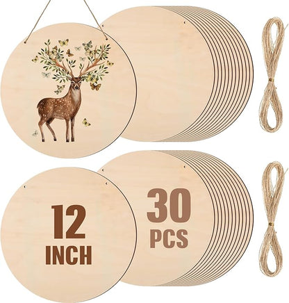Suzile 30 Pcs 12 Inch Wood Rounds for Crafts Unfinished Blank Wooden Circle Signs Discs for DIY Christmas Home Decor Painting Door Hanger