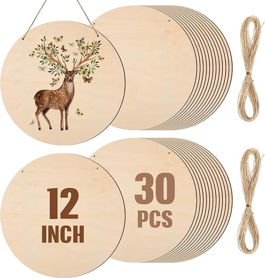 Suzile 30 Pcs 12 Inch Wood Rounds for Crafts Unfinished Blank Wooden Circle Signs Discs for DIY Christmas Home Decor Painting Door Hanger
