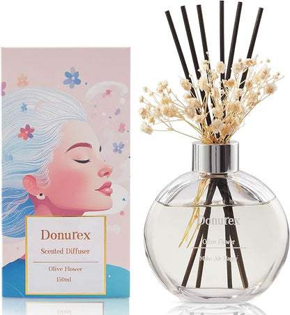 Donurex Flower Reed Diffuser Set 5.07oz Olive Flower Scent Diffuser with Sticks Home Fragrance Reed Diffuser for Bathroom Shelf Decor