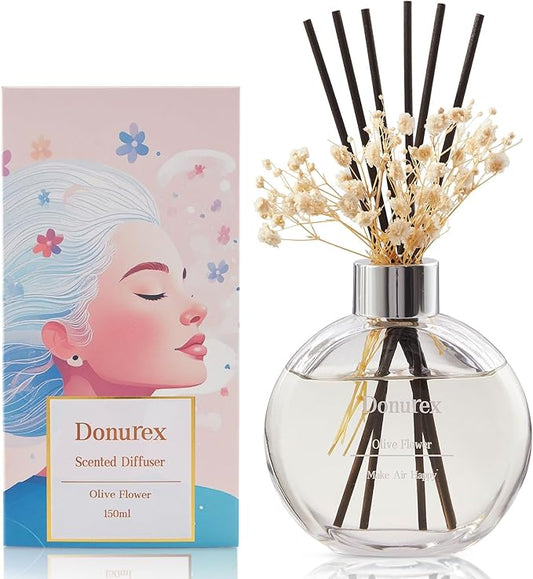 Donurex Flower Reed Diffuser Set 5.07oz Olive Flower Scent Diffuser with Sticks Home Fragrance Reed Diffuser for Bathroom Shelf Decor