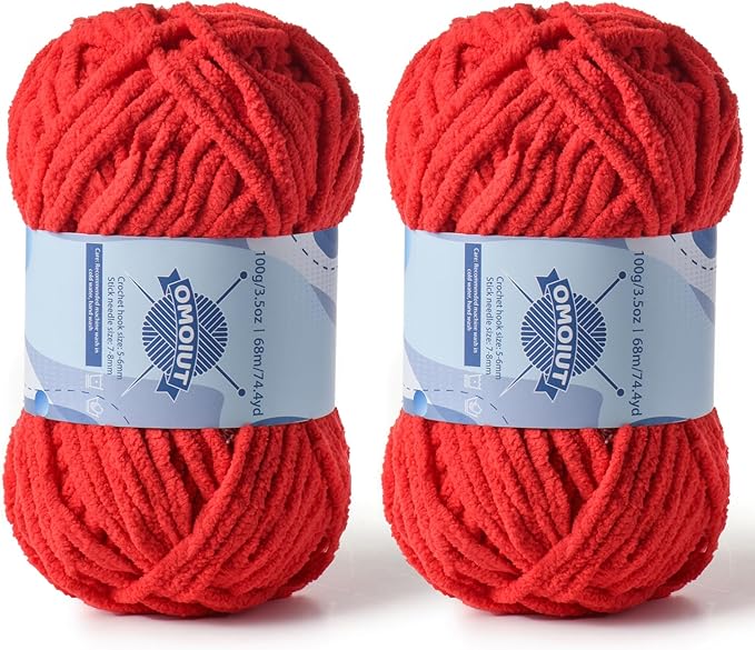 Chunky Chenille Yarn for Crocheting，Baby Yarn for Crocheting Soft Blankets，Bulky Yarns for Crochet Amigurumi，2×100g (2×74.3yds) Fluffy Velvet Yarns for Hand Knitting (2 Bright Red)