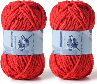 Chunky Chenille Yarn for Crocheting，Baby Yarn for Crocheting Soft Blankets，Bulky Yarns for Crochet Amigurumi，2×100g (2×74.3yds) Fluffy Velvet Yarns for Hand Knitting (2 Bright Red)