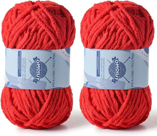Chunky Chenille Yarn for Crocheting，Baby Yarn for Crocheting Soft Blankets，Bulky Yarns for Crochet Amigurumi，2×100g (2×74.3yds) Fluffy Velvet Yarns for Hand Knitting (2 Bright Red)