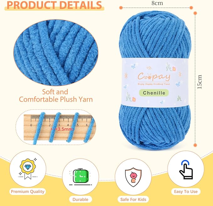 Coopay Chenille Yarn for Crocheting/Knitting, 12 Pack Medium Worsted Weight Yarn of 50g/1.76oz - Total 780yd, Soft Velvet Crochet Yarns for Plush Toys, Baby Blankets, Scarves (Colorful)