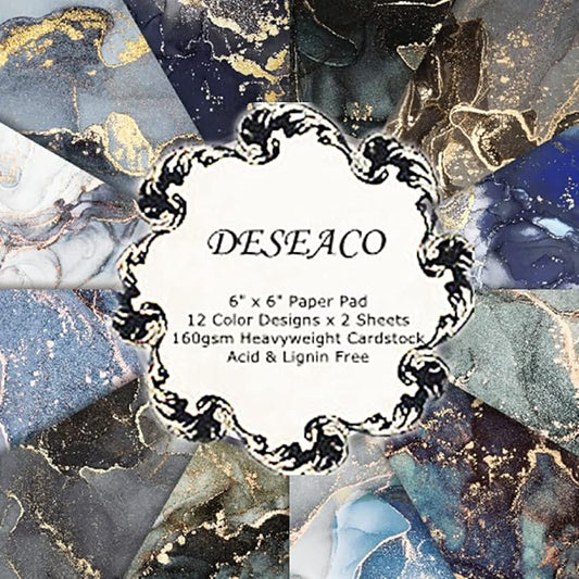 DESEACO Dark Marble Scrapbook Paper Pad 6x6 – Black, Blue, Purple, Gold Designs, Single-Sided Decoupage & Origami Sheets, Moody Cardstock for Scrapbooking, Junk Journals, DIY Crafts – 24 Pcs