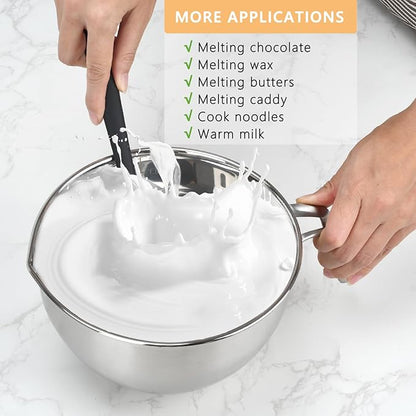 3PCS Double Boiler Pot Set, 2500ML/2.3QT Mixing Bowl with Scale 4000ML/ 3.6QT Stainless Steel Heating Pot with Silicone Spatula for Cheese Chocolate Candy Candle Soap Wax Melting (2500ml+4000ml)