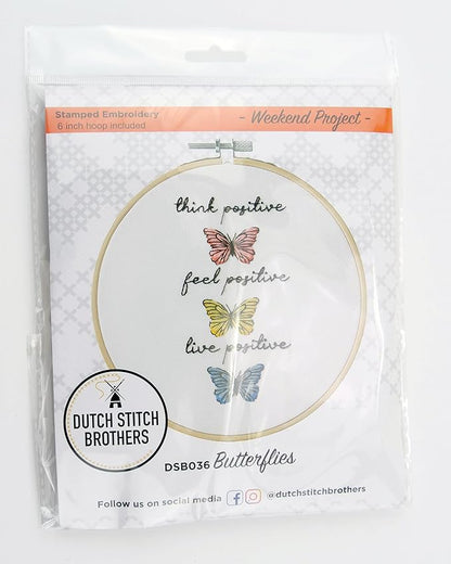 DUTCH STITCH BROTHERS Butterflies Embroidery Starter Kit with Pattern and Instructions. Stamped Embroidery Kits with Embroidery Clothes with Pattern. 6" Embroidery Hoop
