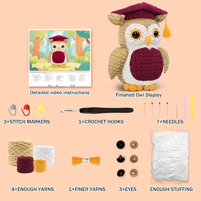 CODGP Crochet Kit,12in Crochet Animal Kit Owl, Crochet Owl Kit Gift for Adults with Yarn Sets, Amigurumi Crochet Kits with Step-by-Step Video Tutorials