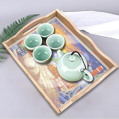FGbaby DIY 5D Snow House Diamond Painting Wood Serving Tray with Handles Diamond Art Decorative Serving Trays Wooden Tray for Breakfast in Bed, Patio, BBQ, Coffee Table, Party –Great for Lap & Couch