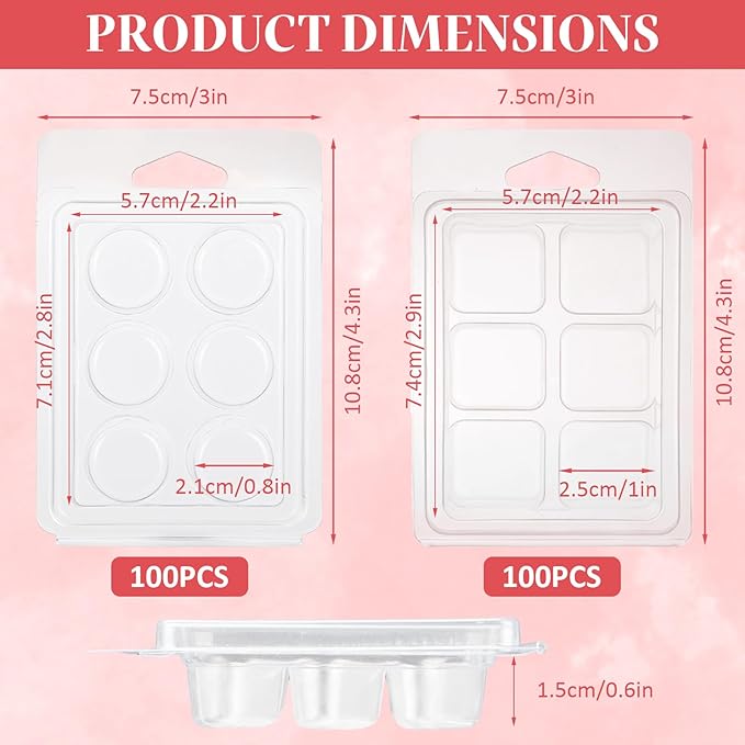RHBLME 200 Pack Wax Melt Containers, 6-Cavity Clear Plastic Wax Melt Molds - Square & Round Shape Clamshells for Tarts & Candles