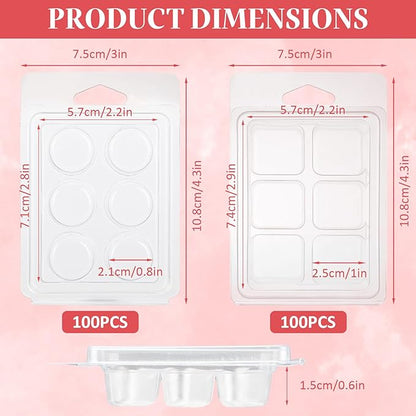 RHBLME 200 Pack Wax Melt Containers, 6-Cavity Clear Plastic Wax Melt Molds - Square & Round Shape Clamshells for Tarts & Candles