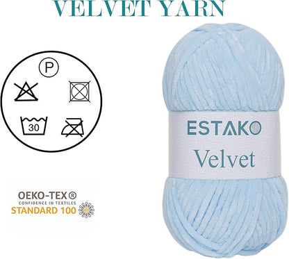Estako Velvet (3- Skeins Pack) Chenille Blanket amigurumi Yarn for Crocheting and Knitting Super Bulky 3x100 gr (3x132 yds) (1220 - Bue)