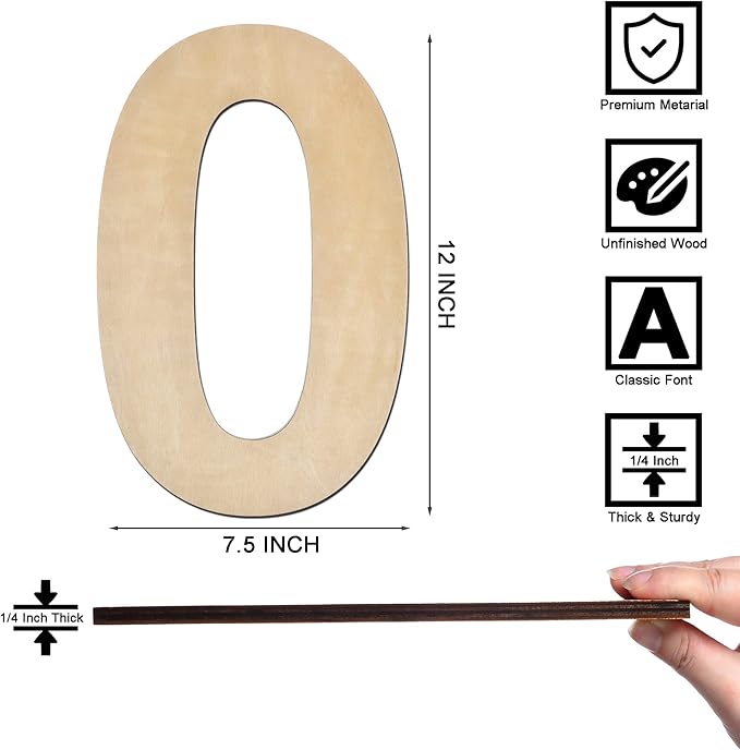 12 Inch Wooden Number 0, 1/4 Inch Thick Large Unfinished Wood Number for Home Wall Decor, DIY Crafts