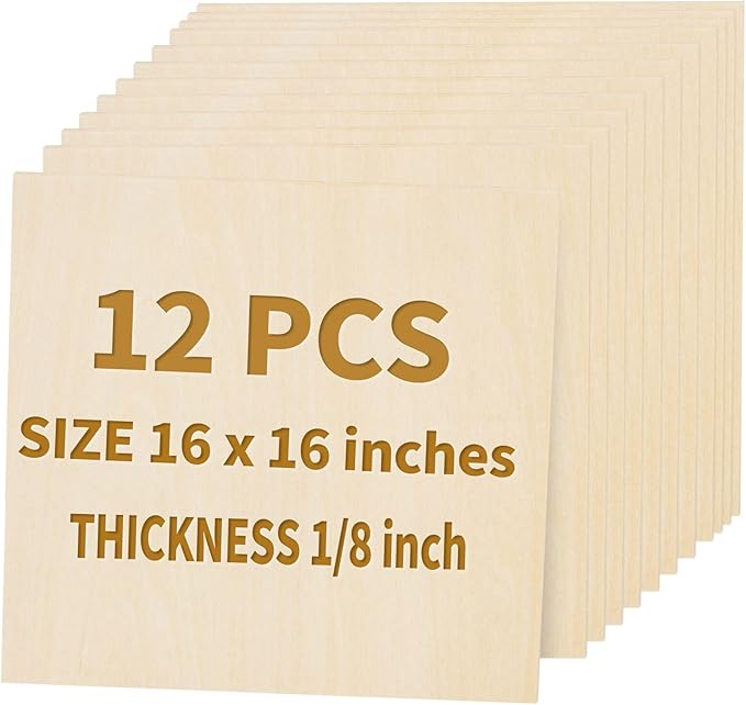 12 Pack Basswood Sheets for Crafts - 16 x 16 x 1/8 Inch - 3mm Thick Large Plywood Sheets Unfinished Bass Wood Boards for Laser Cutting, Wood Burning, Architectural Models, Staining