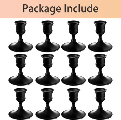 Vintage Black Taper Candle Holders, Set of 12, Metal Taper Candlestick Holder for Dinner Room Table Centerpiece, Wedding Reception, Festive,Mantel Decoration, Home Decor (Black, Set of 12)