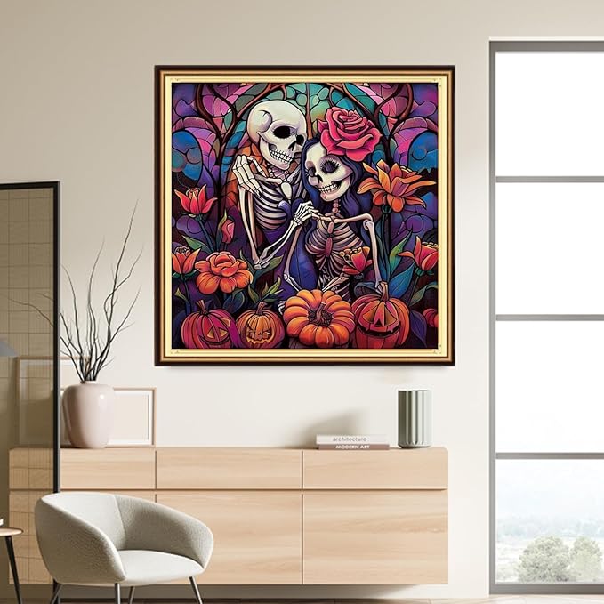 DMCVIVR Stamped Cross Stitch Kits for Adults Beginners Embroidery Kits 11CT Needlepoint Kits Cross Stitch Patterns Embroidery Patterns- Halloween Skeleton Couple Flowers 18x18 inch