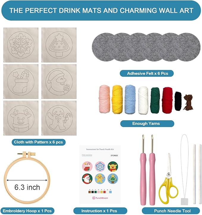 Christmas Punch Needle Kit for Adults Beginners, Easy Punch Embroidery Coaster Starter Set with Instruction – Fun Mug Rug Making Kit for Table Decor & Festival DIY Gifts