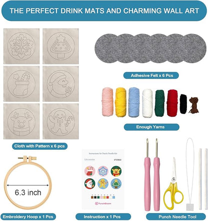 Christmas Punch Needle Kit for Adults Beginners, Easy Punch Embroidery Coaster Starter Set with Instruction – Fun Mug Rug Making Kit for Table Decor & Festival DIY Gifts