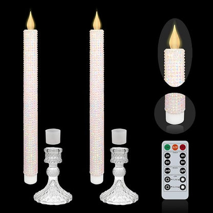 Flameless LED Taper Candles wish Illuminated Holder - Glass Candle Holder, Remote Timer 2AA Battery Operated 500 Hours for Thanksgiving/Xmas Decor, Wedding Centerpiece (Crystallized-Brilliant, 2 Pack)