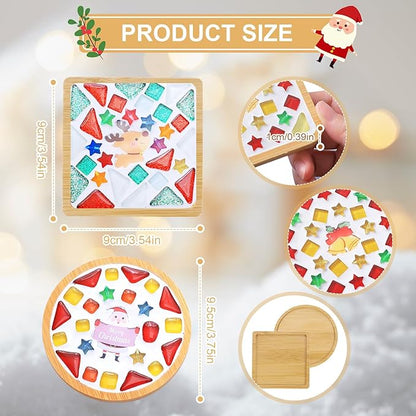 kuchisity 8 Pack DIY Glass Mosaic Tiles for Crafts, Mixed Color Mosaic Kits with Wooden Coasters Adult DIY Coasters Kit for Handmade Beverage Tray Home Christmas Decoration