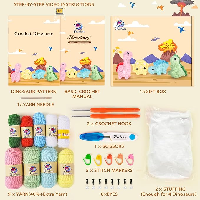 Crochet Kit for Beginners, Beginner Crochet Kit for Adults with Step-by-Step Video Tutorials, DIY Crochet Animal Kits Knitting Supplies, 4 Pack Dinosaurs (40%+ Yarn)