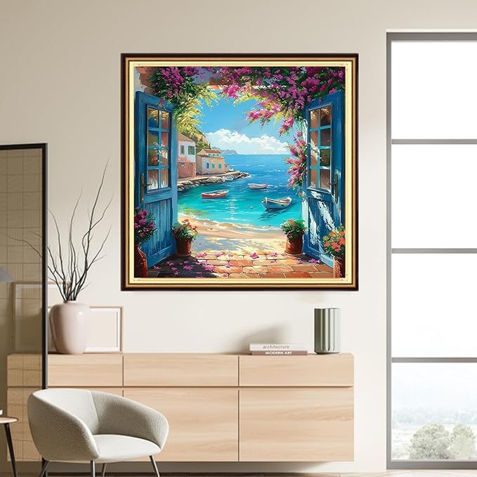 DMCVIVR Stamped Cross Stitch Kits for Adults Beginners Embroidery Kits 11CT Needlepoint Kits Cross Stitch Patterns Embroidery Patterns-Beautiful sea View Outside The Door 18x18 inch