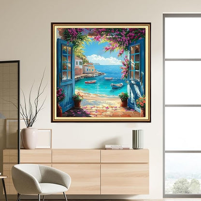 DMCVIVR Stamped Cross Stitch Kits for Adults Beginners Embroidery Kits 11CT Needlepoint Kits Cross Stitch Patterns Embroidery Patterns-Beautiful sea View Outside The Door 18x18 inch