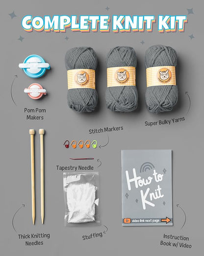 Complete Knitting Kit for Beginners - Learn to Knit Kit with Knitting Accessories Like Thick Beginner Yarn in Gray, Bamboo Needles for Beginners & More - Includes Video Tutorials & Written Guide