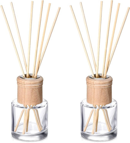 Roshtia 2 Set Reed Diffuser Bottle Empty Refillable Fragrance Glass Diffuser Bottles Set with Wooden Caps Sticks 50ml 1.7 oz Round Glass Jars for DIY Fragrance