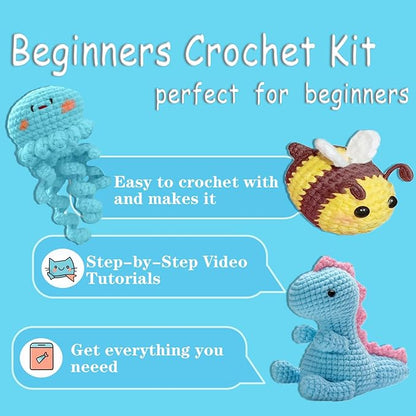 DOOOYU 5pcs Crochet Kit for Beginners Crochet Animals Knitting Kit Supplies Learn to Crochet Beginner Set Kit with Crochet Hooks, Yarn, Step-by-Step Instructions Video (5PCS)