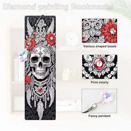4 Pcs DIY 5D Diamond Painting Bookmark Kit - Special Shaped Crystal Rhinestones, Rose Skull Diamond Art Bookmarks with Crystal Pendant Tassels, Handmade Decorative Bookmarks Gift Set for Book Lovers