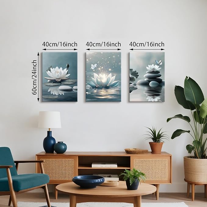 WENGTIAO 3Pcs Zen Stones Canvas Wall Art Prints Calm White Lotus Floral Bloom in Water Pictures Posters Butterfly Paintings Spiritual Meditation Artwork for Spa Yoga Living Room Bedroom Office 16x24x3