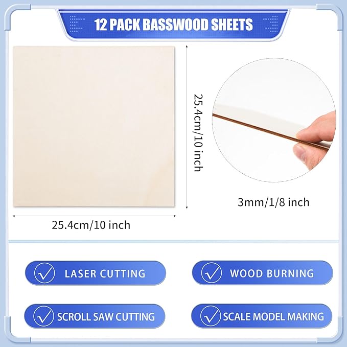12 Pack Basswood Plywood Sheets 8x8x1/8 Inch-3 mm Thick Unfinished Plywood Sheets Thin Basswood Boards Square Craft Wood Sheets for DIY Crafts, Laser Projects, Painting, Wood Burning,Model Making
