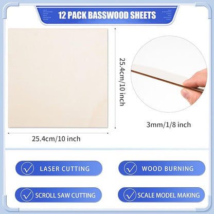 12 Pack Basswood Plywood Sheets 8x8x1/8 Inch-3 mm Thick Unfinished Plywood Sheets Thin Basswood Boards Square Craft Wood Sheets for DIY Crafts, Laser Projects, Painting, Wood Burning,Model Making