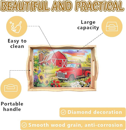 DOTSOPS DIY Diamond Painting Serving Tray with Handle for Adults 5D Diamond Art Kits for Beginners Full Drill Diamond Dots Gem Arts and Crafts Special Shape Living Room 10 x 14 Inches Red Car