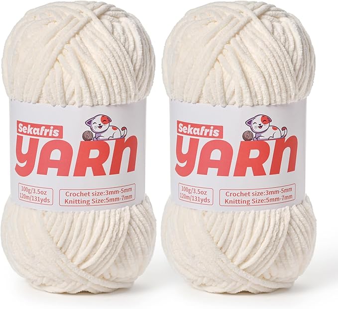2 Pack Plush Chunky Chenille Yarn for Crocheting, Soft Fluffy Velvet Yarn for Crocheting Amigurumi, Fuzzy Baby Blanket Knitting 200g/262yds Bulky(2 White)