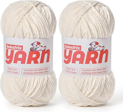 2 Pack Plush Chunky Chenille Yarn for Crocheting, Soft Fluffy Velvet Yarn for Crocheting Amigurumi, Fuzzy Baby Blanket Knitting 200g/262yds Bulky(2 White)