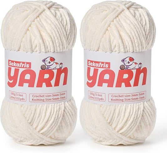 2 Pack Plush Chunky Chenille Yarn for Crocheting, Soft Fluffy Velvet Yarn for Crocheting Amigurumi, Fuzzy Baby Blanket Knitting 200g/262yds Bulky(2 White)